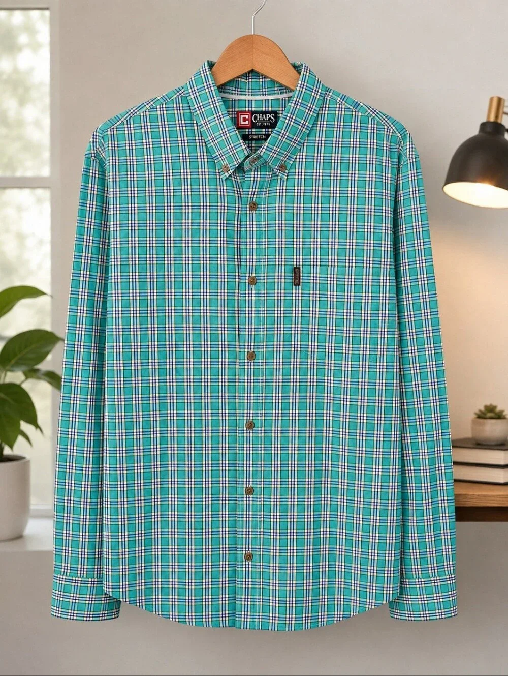 CHAPS XXL NWT Stretch Plaid Button Down Shirt Green Teal Blue White